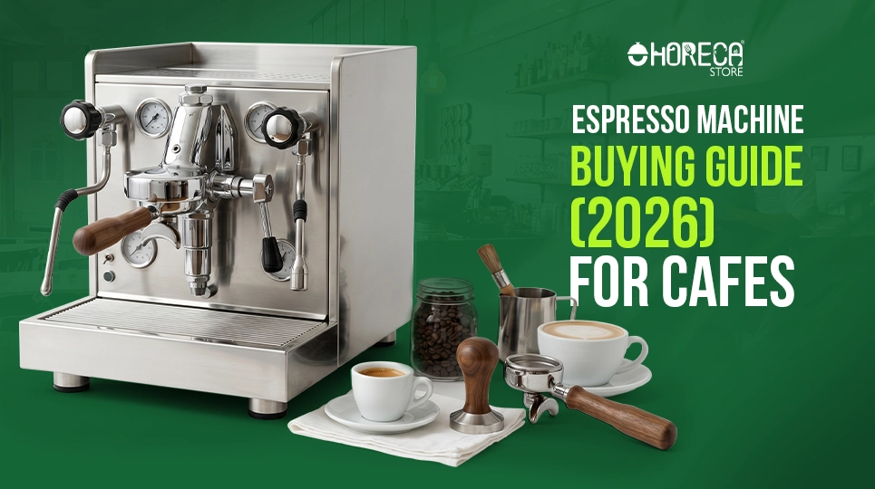 Espresso machine buying guide 2026 for cafes – commercial espresso machine with portafilter, tamper, coffee beans, and freshly brewed espresso cups for barista setup