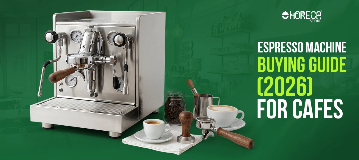 Espresso machine buying guide 2026 for cafes – commercial espresso machine with portafilter, tamper, coffee beans, and freshly brewed espresso cups for barista setup