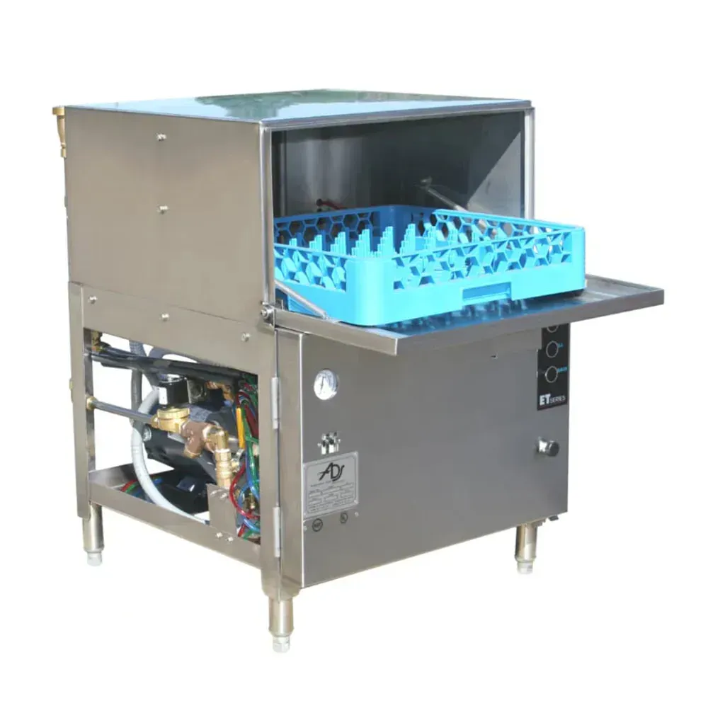 American Dish Under counter low temp dish machine in sleek stainless steel installed next to prep sink in compact cafe kitchen environment.