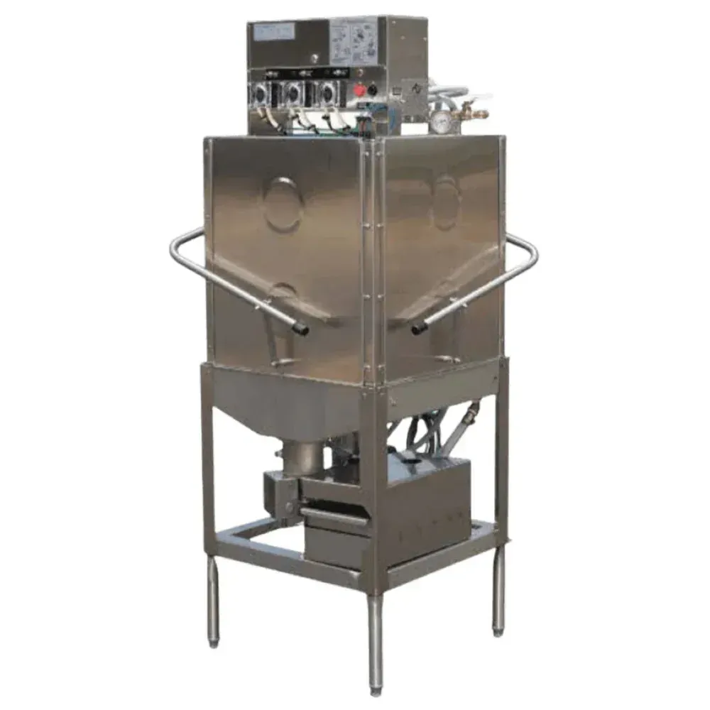 American Dish three door single rack upright dishwasher offering high capacity cleaning with convenient 3 door access for busy restaurant operations.