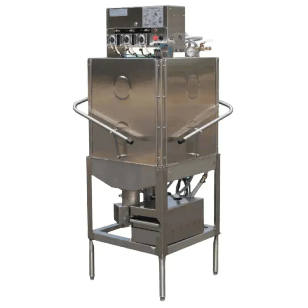 American Dish commercial upright low temp dishwasher with double doors and single rack in stainless steel finish, side view in a busy kitchen.