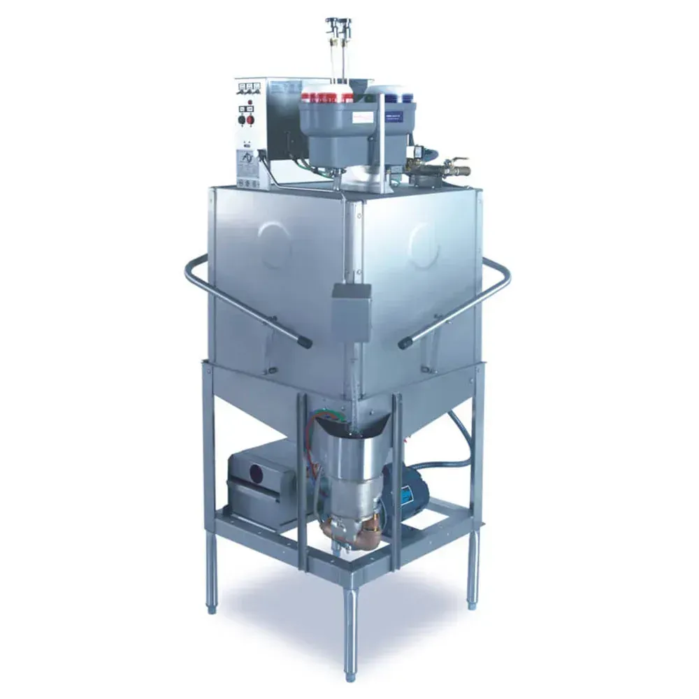 American Dish stainless upright 2-door dishwasher with single rack and visible chemical alarm indicator glowing in busy commercial kitchen environment