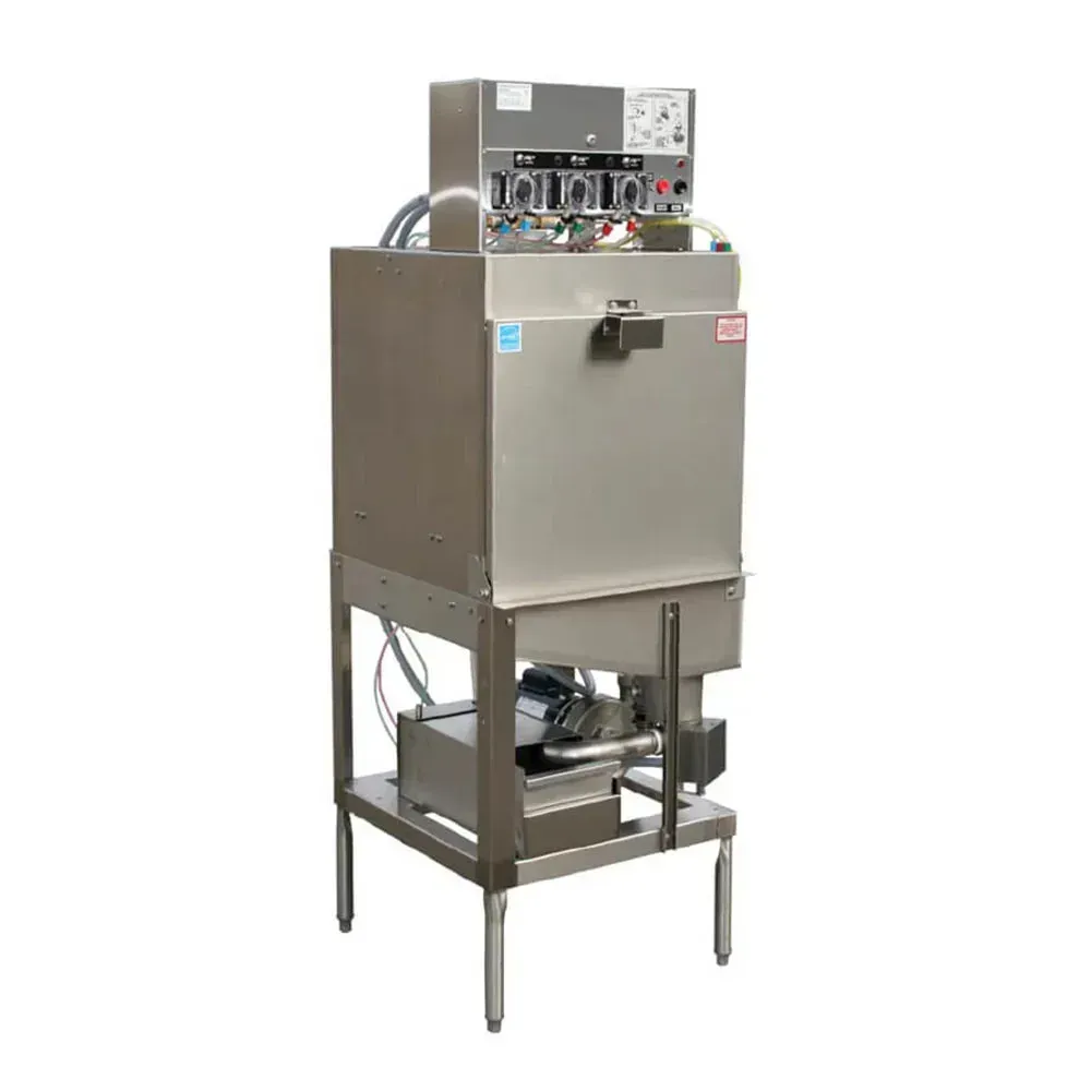 American Dish stainless steel single rack upright dishwasher ready for front-load operation in commercial kitchen layout with efficient workflow.