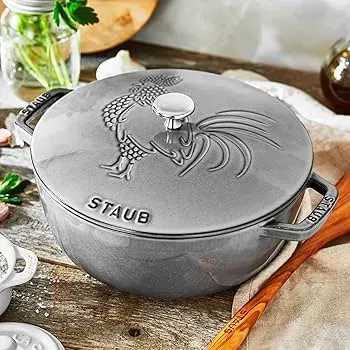 Staub 1003235 3.75-qt Cast Iron Essential Cocotte with Rooster Domed Lid, Graphite Grey