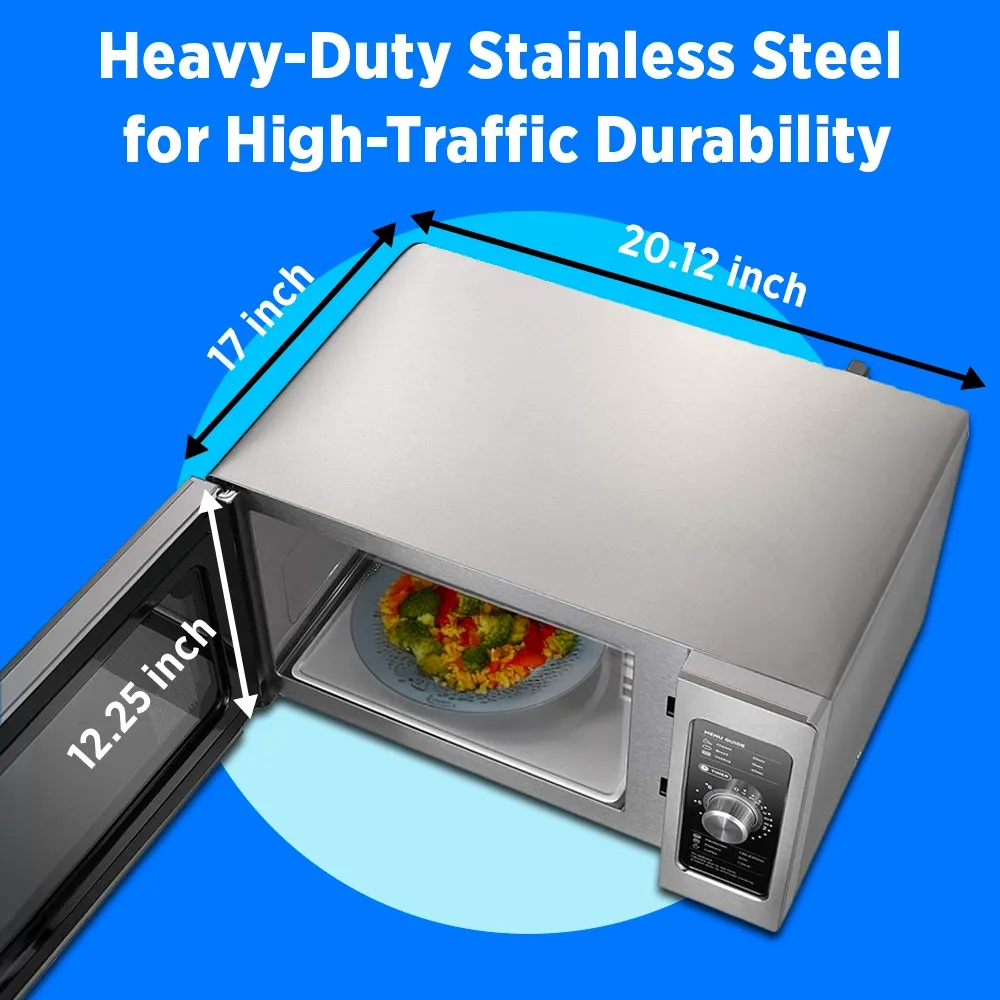 Midea stainless steel microwave oven with manual controls, one thousand watt, point nine cubic foot, ideal for rapid service in food establishments.