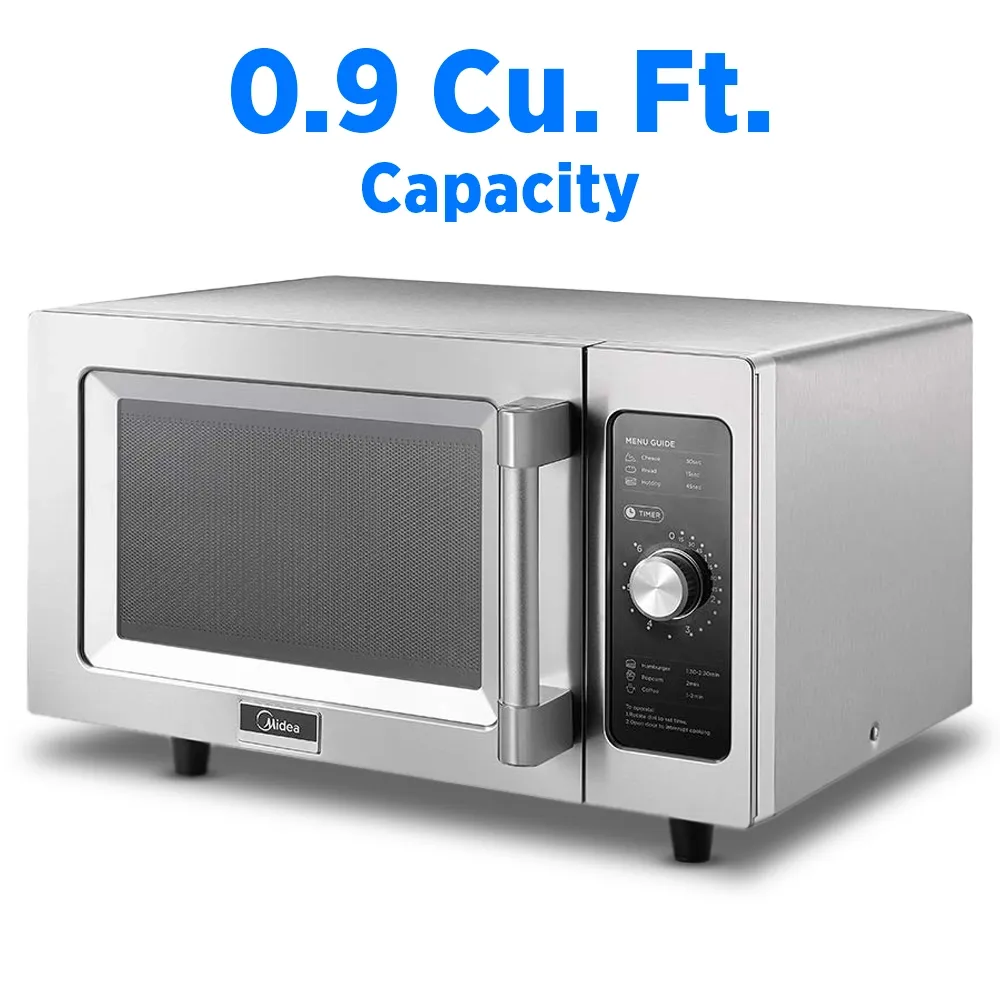 Midea stainless steel microwave oven with manual controls, one thousand watt, point nine cubic foot, ideal for rapid service in food establishments.