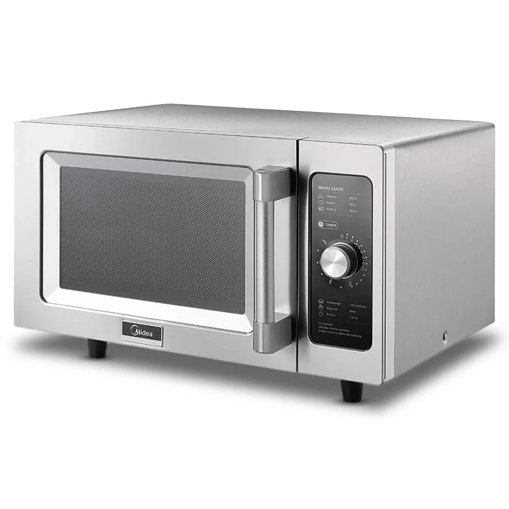 Midea stainless steel microwave oven with manual controls, one thousand watt, point nine cubic foot, ideal for rapid service in food establishments.