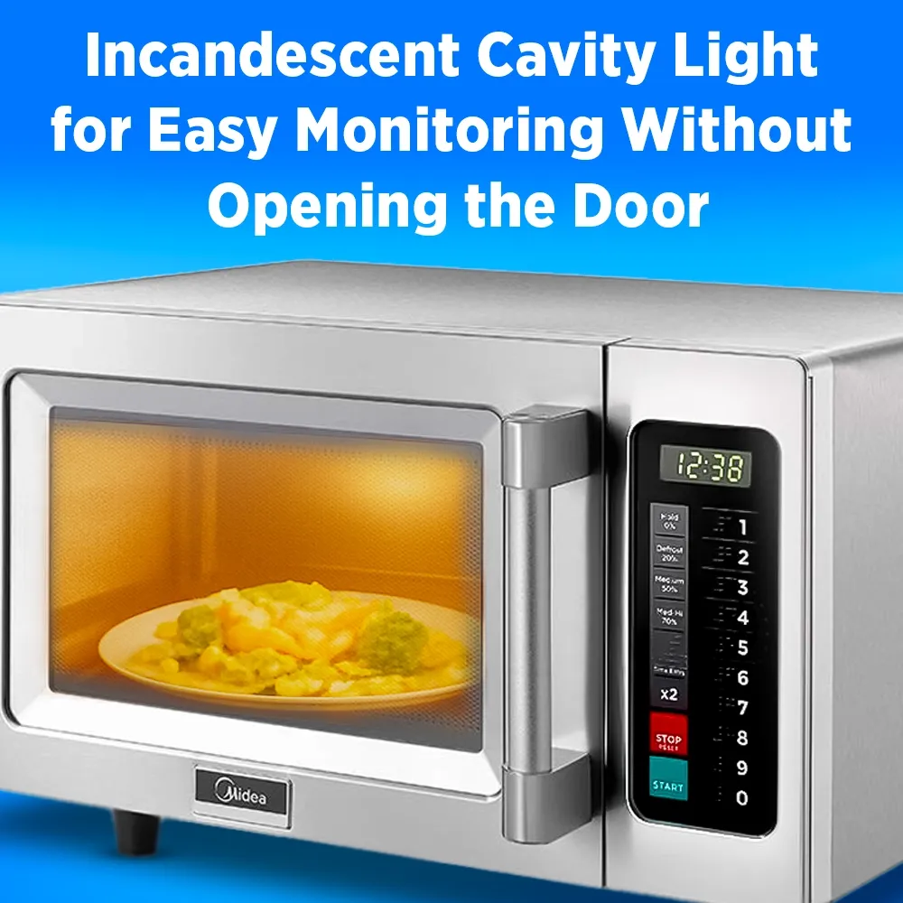 Midea sleek stainless microwave with smart touch pad, compact interior, and precise heating delivers fast, efficient meal preparation in any kitchen.