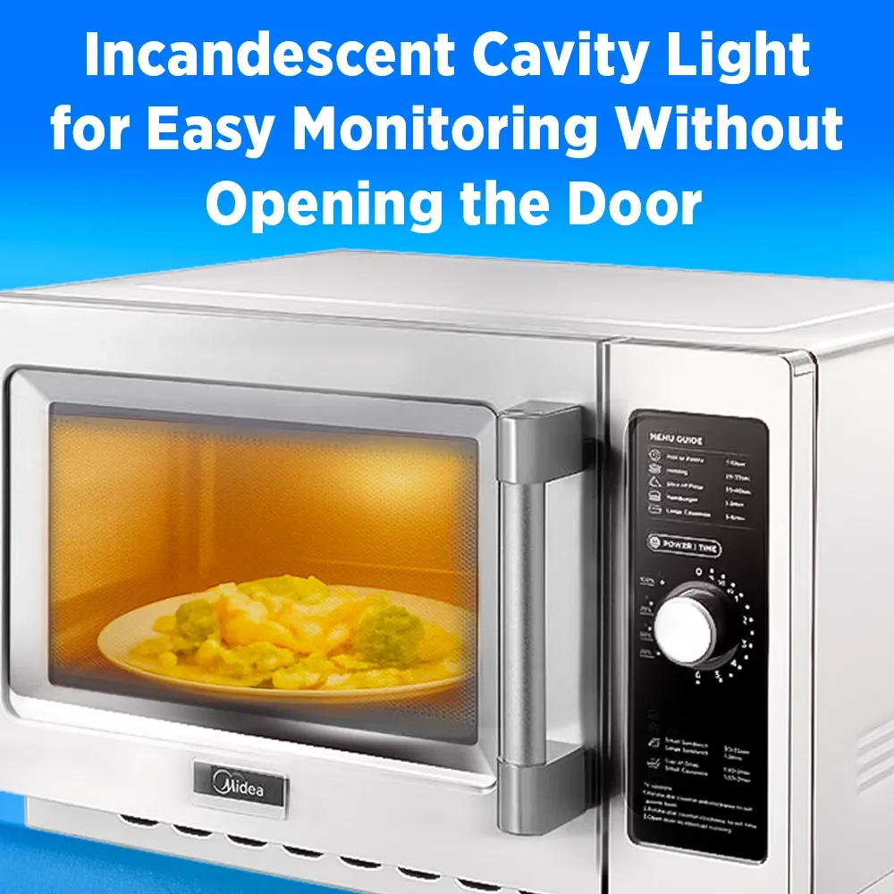 Midea classic stainless microwave with dial control, efficient power, roomy capacity, and timeless design for consistent cooking results.