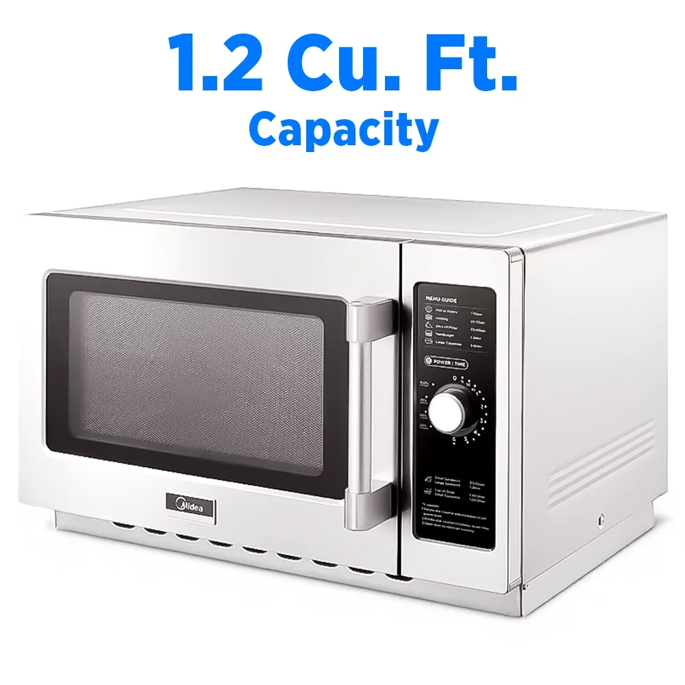 Midea classic stainless microwave with dial control, efficient power, roomy capacity, and timeless design for consistent cooking results.