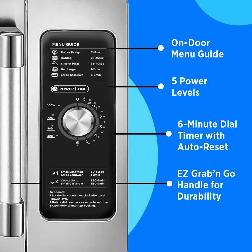 Midea classic stainless microwave with dial control, efficient power, roomy capacity, and timeless design for consistent cooking results.