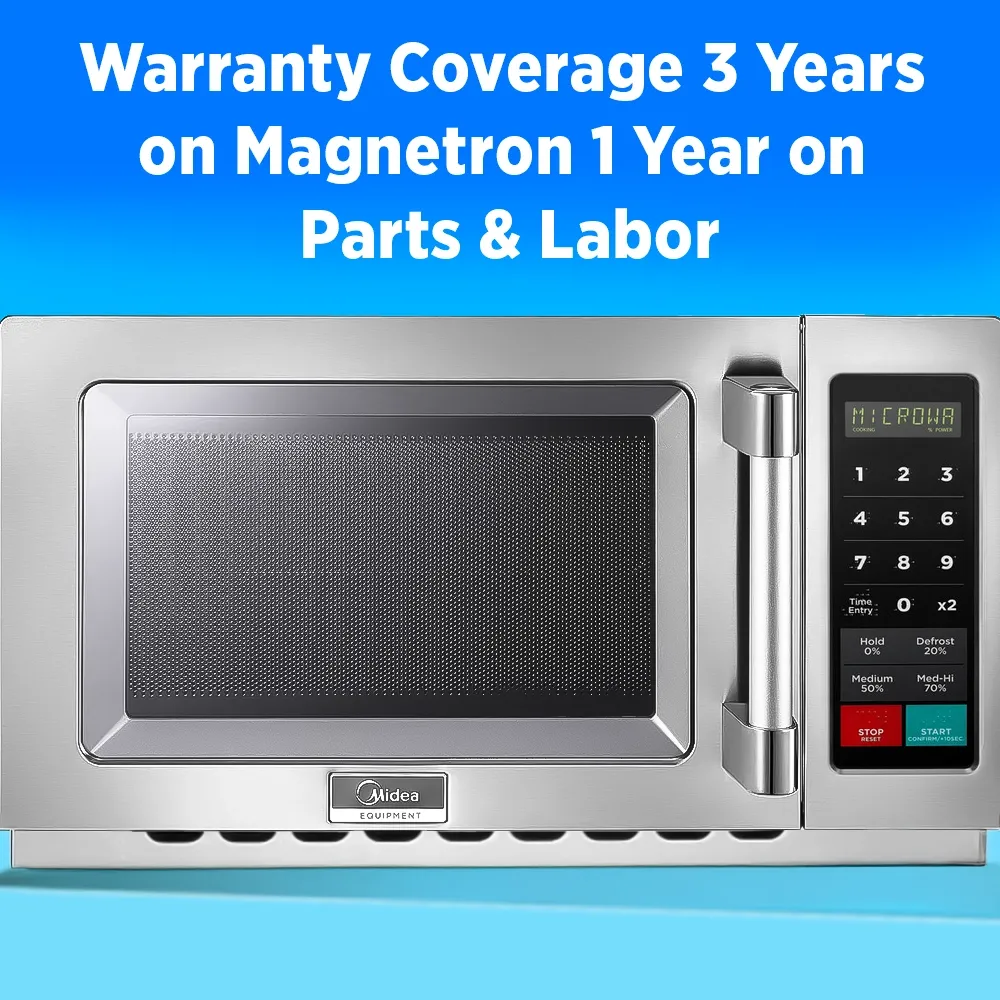 Midea stainless push-button microwave, powerful wattage, spacious interior, single-phase design for reliable performance in busy kitchens.