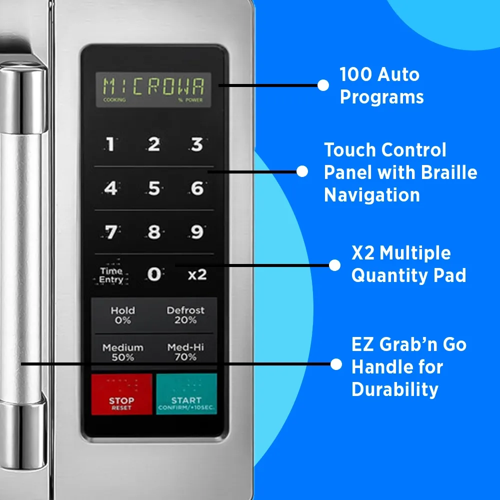 Midea stainless push-button microwave, powerful wattage, spacious interior, single-phase design for reliable performance in busy kitchens.