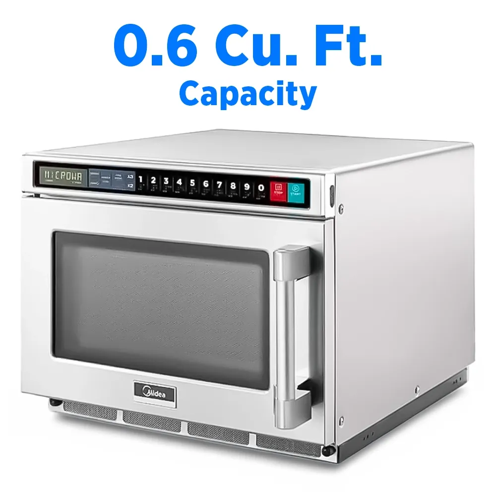 Midea microwave oven with touch control pad, one thousand two hundred watt, point six cubic foot, one hundred twenty volt single phase, modern kitchen tool.