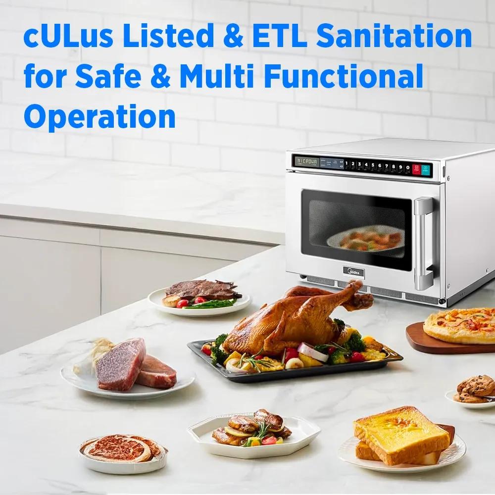 Midea compact stainless microwave with smooth touch pad, strong output, and space-saving design ideal for tight commercial kitchens.