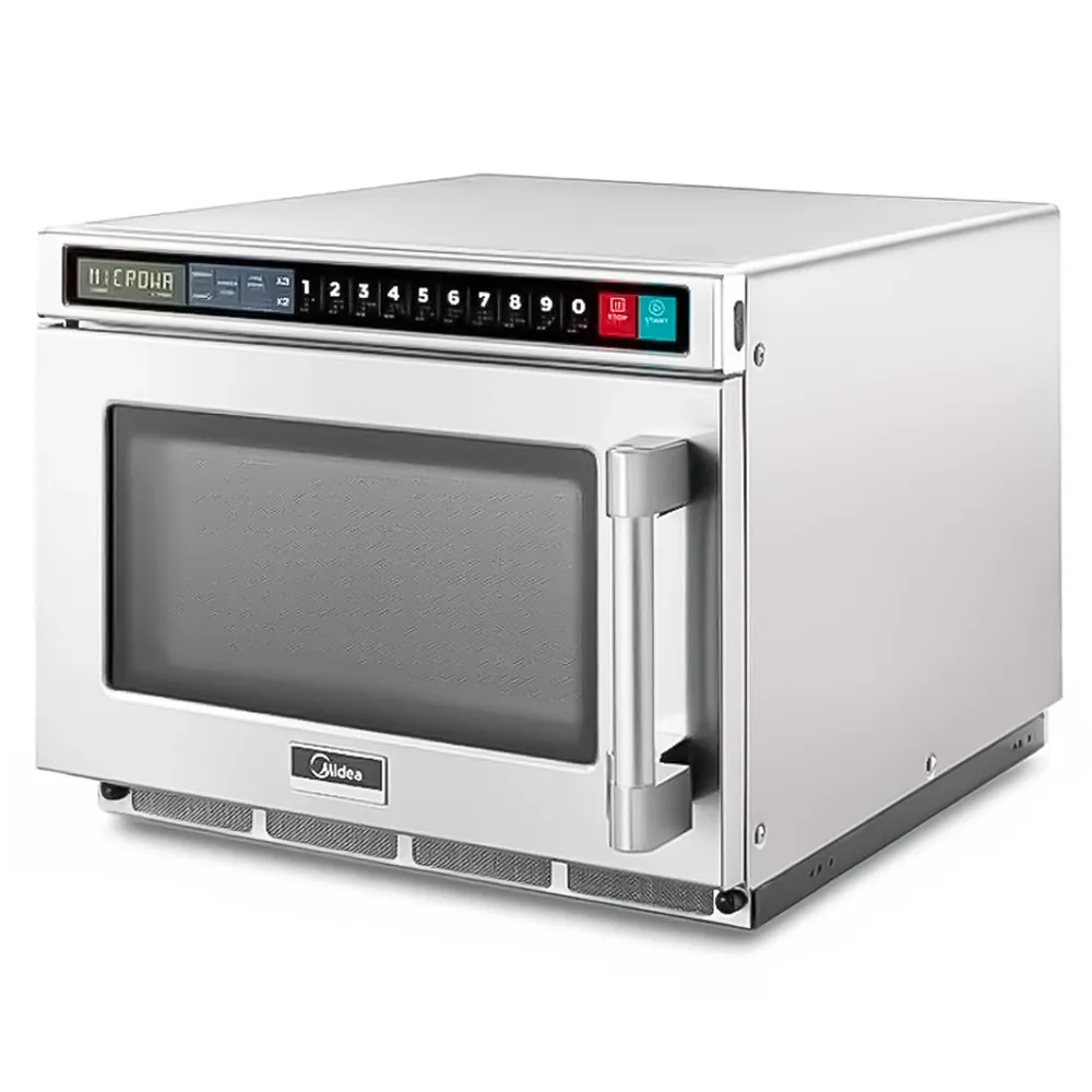 Midea compact stainless microwave with smooth touch pad, strong output, and space-saving design ideal for tight commercial kitchens.