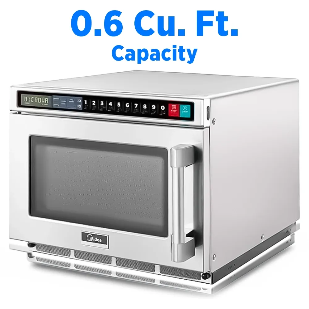 Midea compact stainless microwave with smooth touch pad, strong output, and space-saving design ideal for tight commercial kitchens.