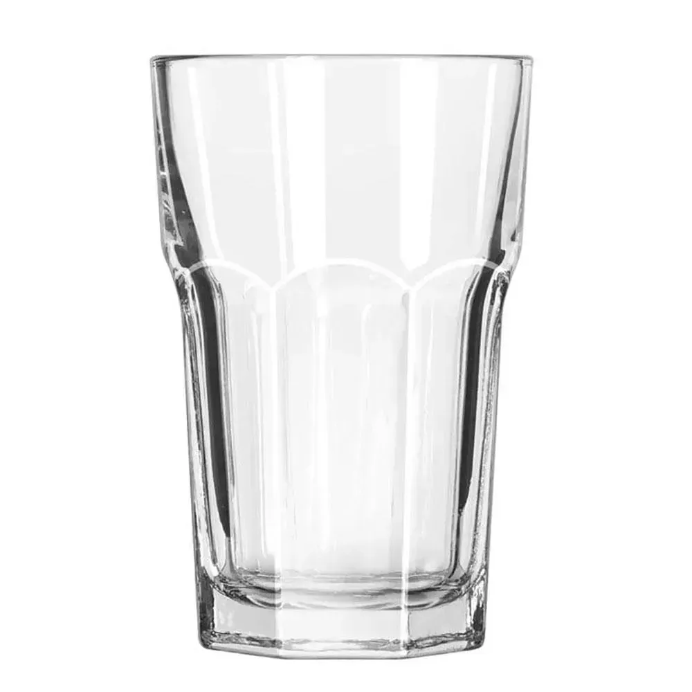 Medium Gibraltar beverage glass by Libbey with a classic paneled style and sturdy build, ideal for serving soda, juice, or water in daily use.