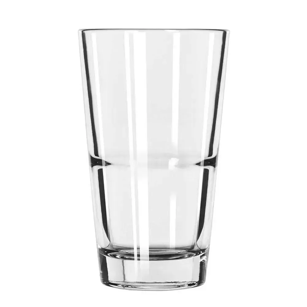 Clear tempered stackable mixing glass by Libbey with a customizable rim, ideal for cocktails, soft drinks, and high traffic beverage service.