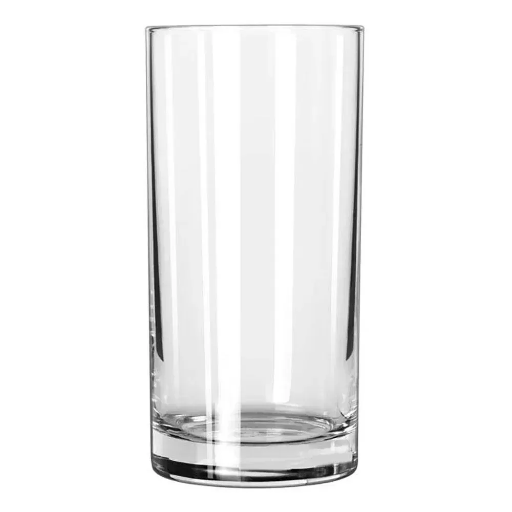 Heavy base highball glass by Libbey with a tall body and sturdy base, ideal for serving soda, water, or cocktails in restaurants or cafes.