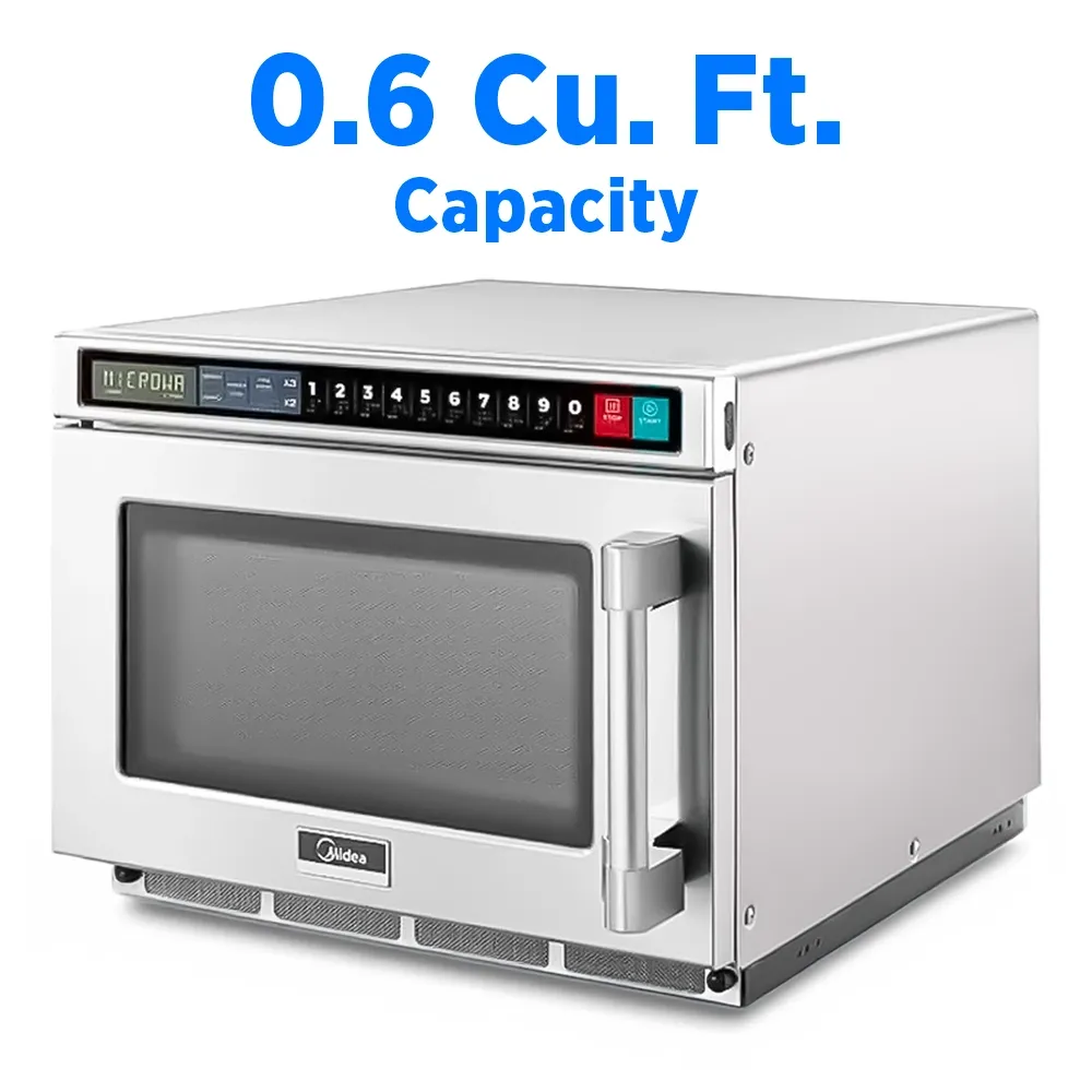 Midea stainless steel microwave oven with touch control pad, one thousand eight hundred watt, point six cubic foot, two hundred eight volt single phase.