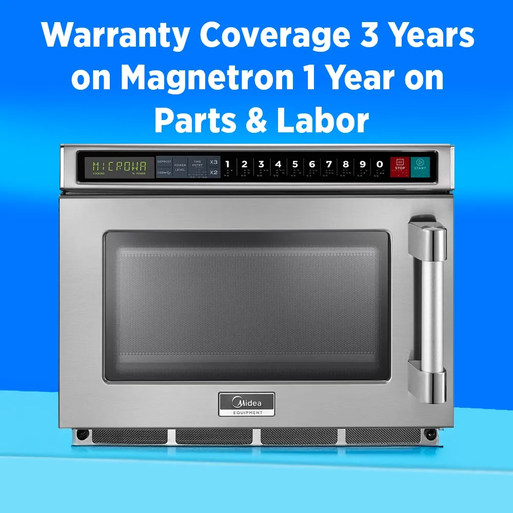 Midea stainless steel microwave oven with touch control pad, one thousand eight hundred watt, point six cubic foot, two hundred eight volt single phase.