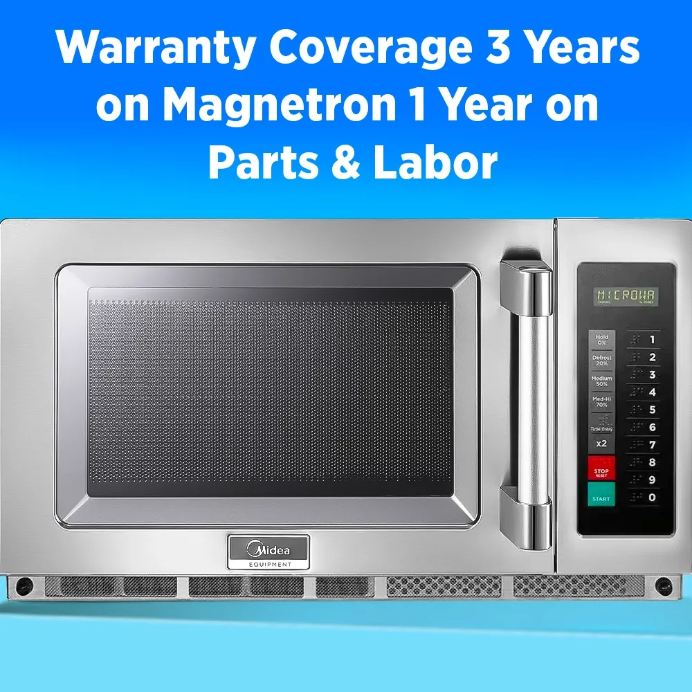 Midea heavy-duty microwave oven with touch control pad, one thousand eight hundred watt, one point two cubic foot, two hundred eight volt single phase.