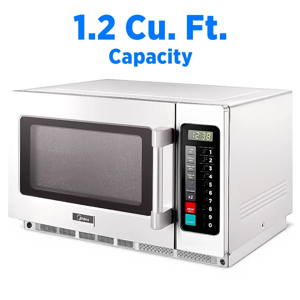 Midea heavy-duty microwave oven with touch control pad, one thousand eight hundred watt, one point two cubic foot, two hundred eight volt single phase.