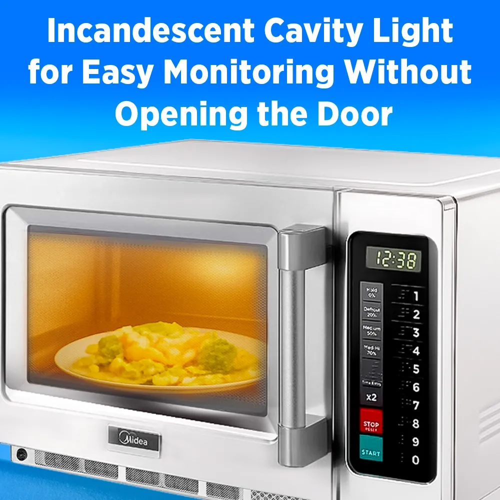 Midea heavy-duty microwave oven with touch control pad, one thousand eight hundred watt, one point two cubic foot, two hundred eight volt single phase.