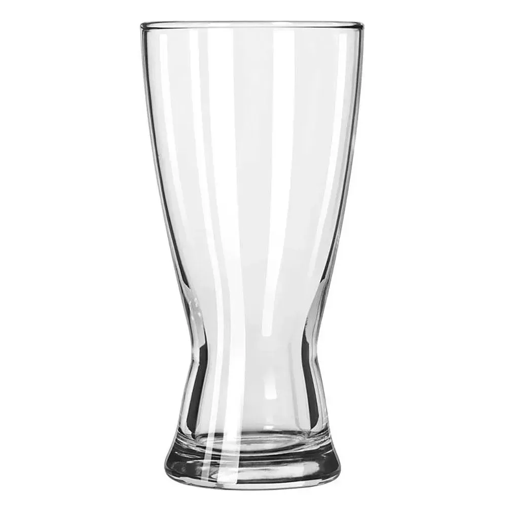 Hourglass pilsner glass by Libbey with a flared shape and customizable area, great for highlighting the color and foam of fresh poured beers.