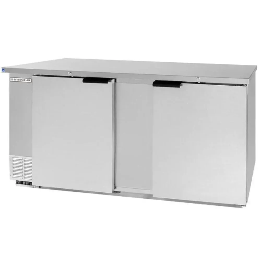 Stainless counter height food-rated back bar refrigerator with solid doors from Beverage-Air for durable and easy-to-clean storage.