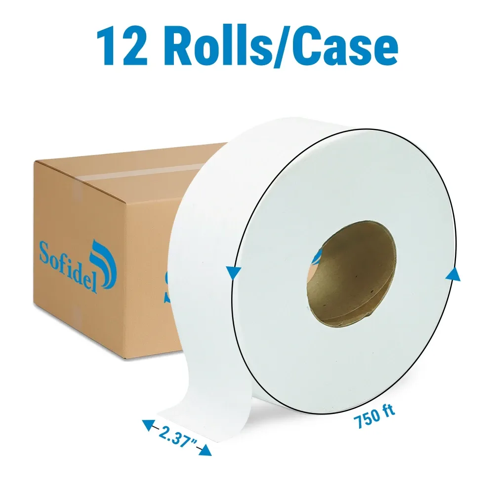 Sofidel Jumbo Bath Tissue Roll, 2.37" x 750 ft, Double Layer, 12 Rolls/Case