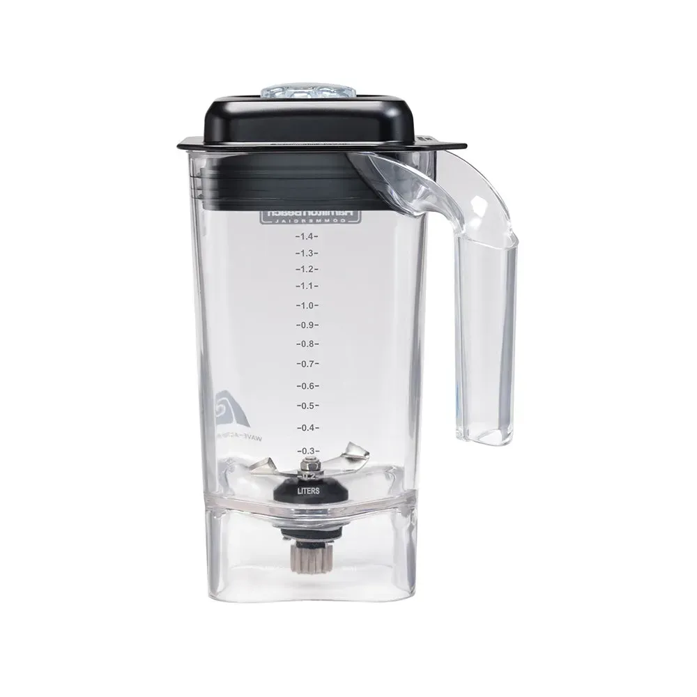 Hamilton Beach blender container with lid and blade built for busy cafes and bistros, handling multiple servings of smoothies, sauces, and frappés.