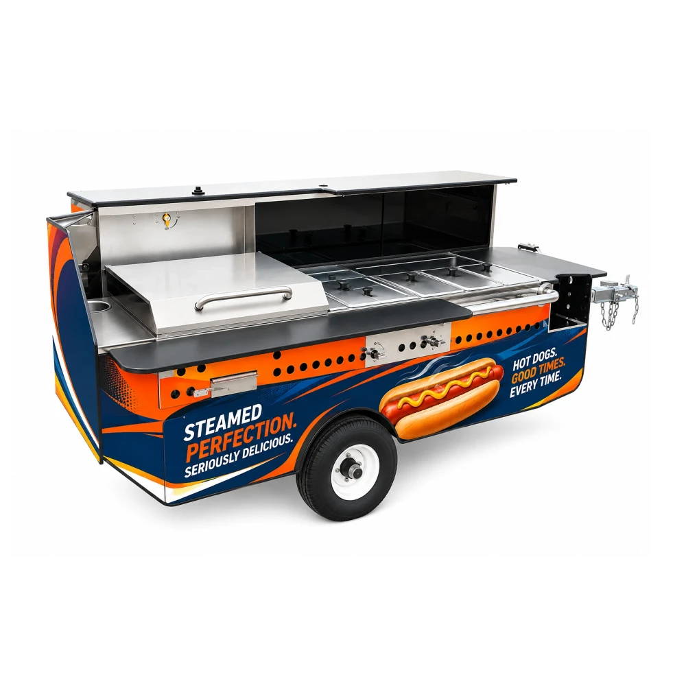Twin-Steam Hot Dog Cart / Mobile Food Cart, 24" Griddle, 2 Steam Tables, Holds 12 Pans, Towable