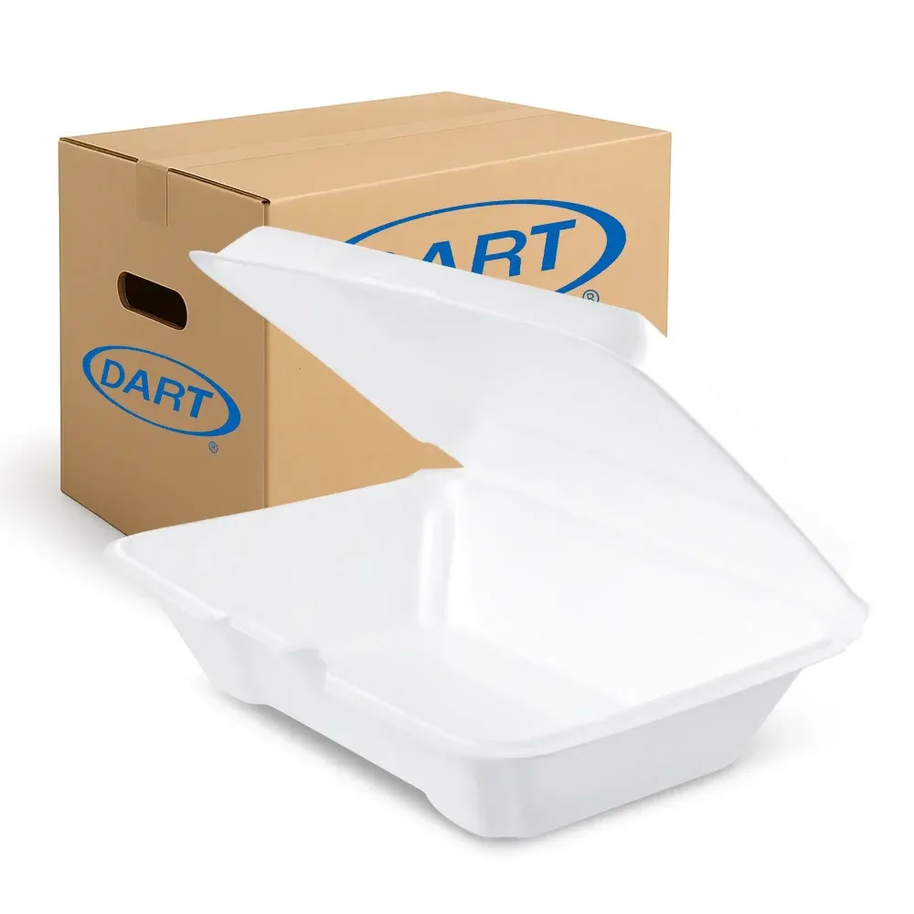 Dart 205HT1 One-Compartment Foam Take Out Container with Hinged Lid, Large, 9.25" x 6.37" x 2.87", White, 200/Case