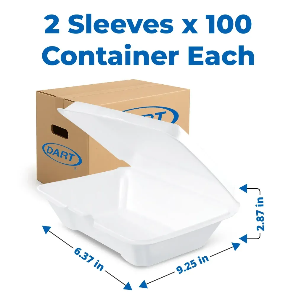 Dart 205HT1 One-Compartment Foam Take Out Container with Hinged Lid, Large, 9.25" x 6.37" x 2.87", White, 200/Case