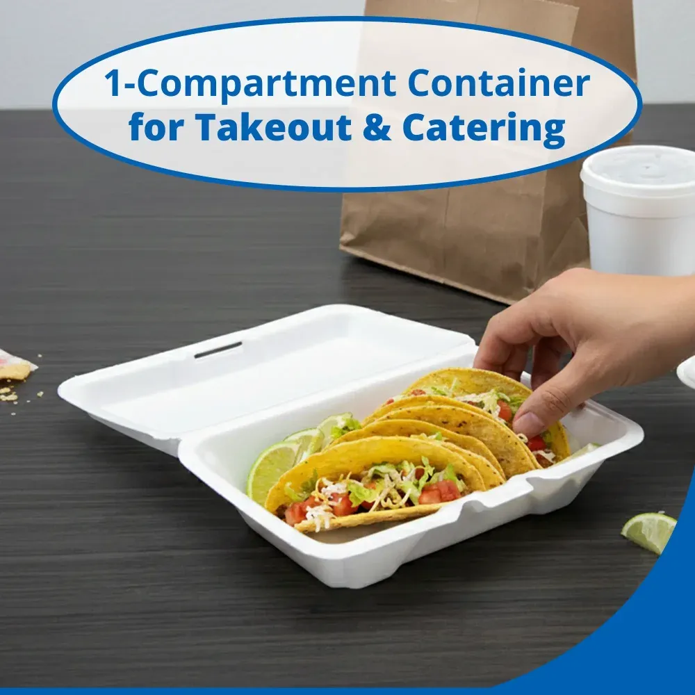 Dart 205HT1 One-Compartment Foam Take Out Container with Hinged Lid, Large, 9.25" x 6.37" x 2.87", White, 200/Case