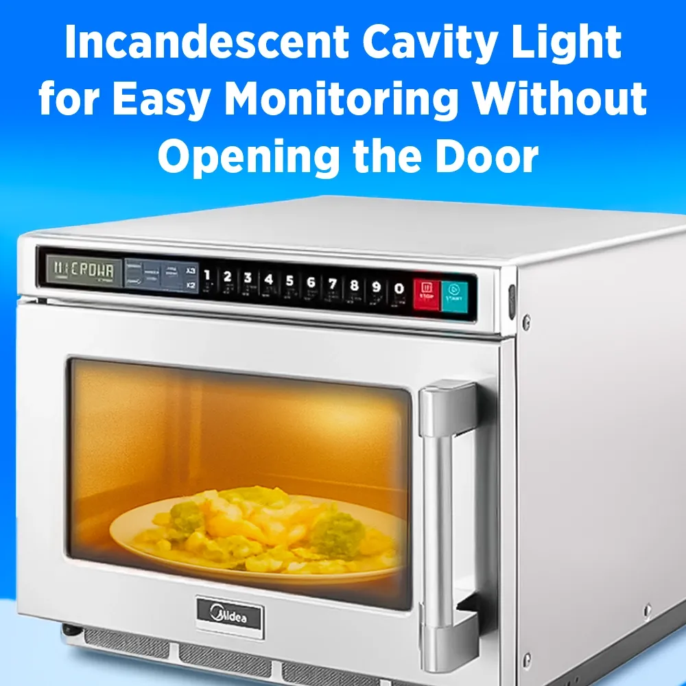 Midea microwave oven with touch control pad, two thousand one hundred watt, point six cubic foot, two hundred eight volt single phase stainless steel build.