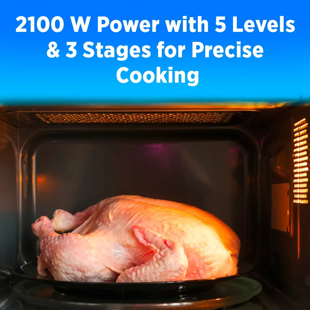 Midea large microwave oven with touch control pad, two thousand one hundred watt, two hundred eight volt single phase, stainless steel construction.