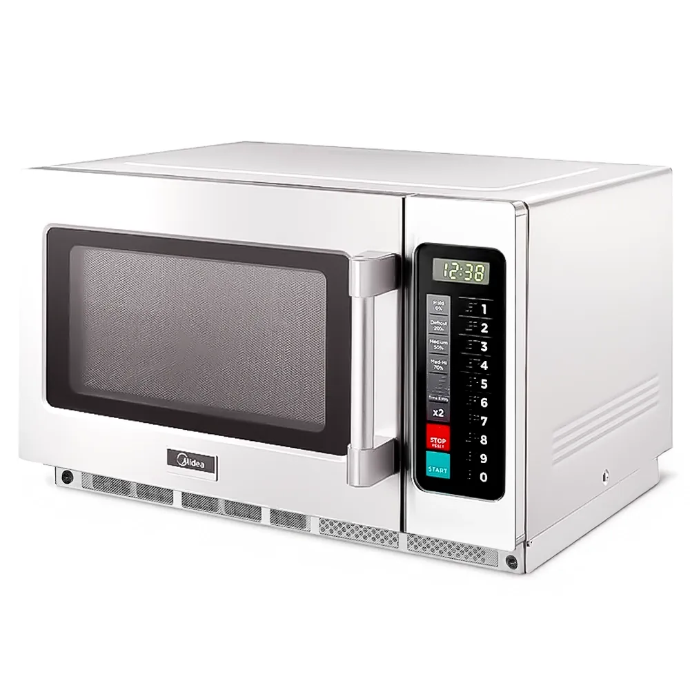Midea large microwave oven with touch control pad, two thousand one hundred watt, two hundred eight volt single phase, stainless steel construction.