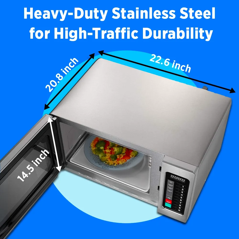 Midea large microwave oven with touch control pad, two thousand one hundred watt, two hundred eight volt single phase, stainless steel construction.