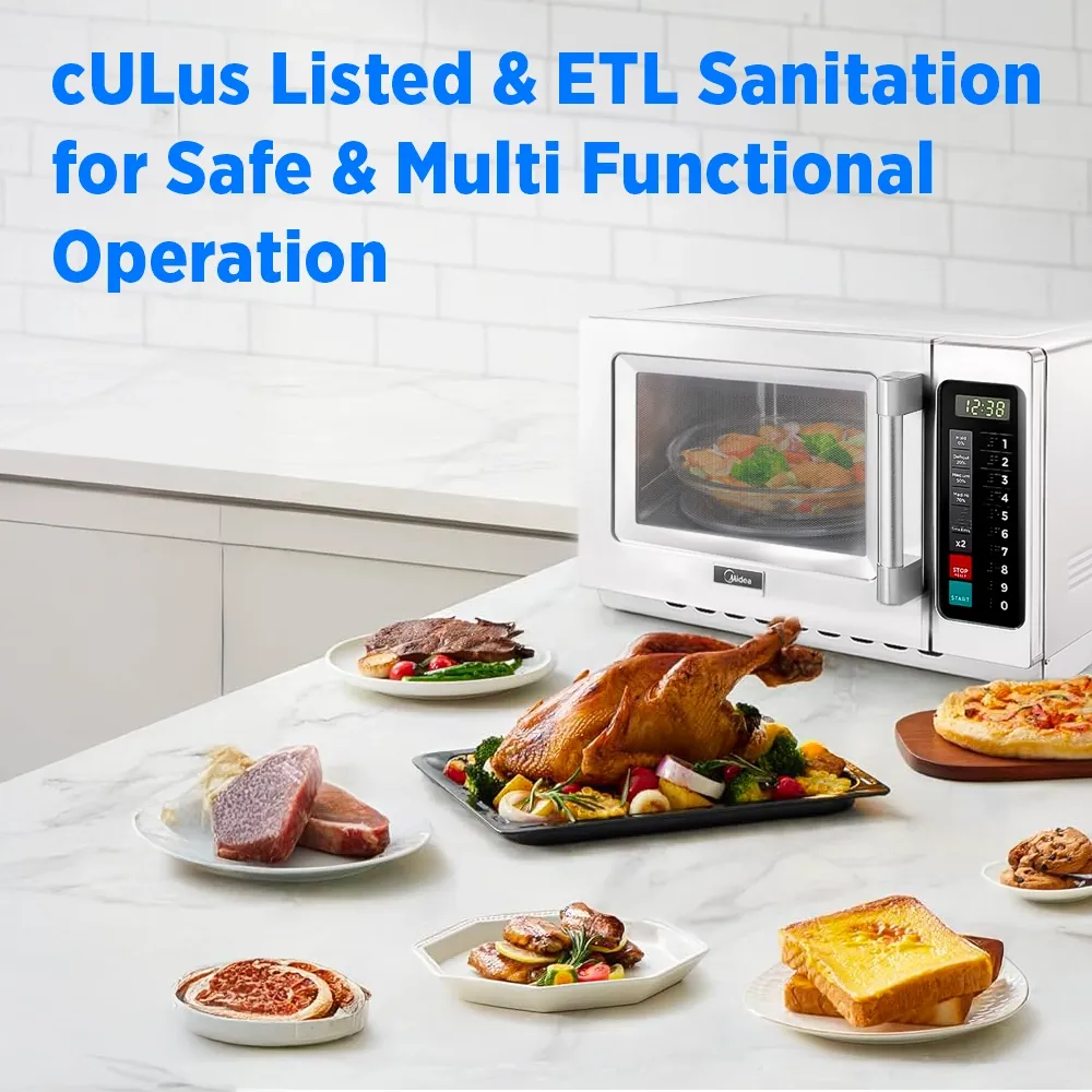 Midea large microwave oven with touch control pad, two thousand one hundred watt, two hundred eight volt single phase, stainless steel construction.