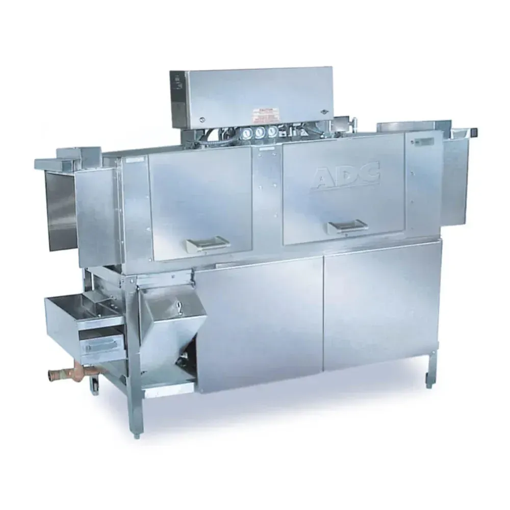 American Dish high-temp conveyor dishwasher, right-to-left flow, no booster, ideal for kitchens with pre-heated water supply.
