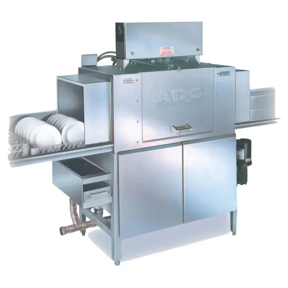 American Dish ADC-44-T high-temp conveyor washer, tall hood, right-to-left, stainless final jets, compact, high-volume for restaurants