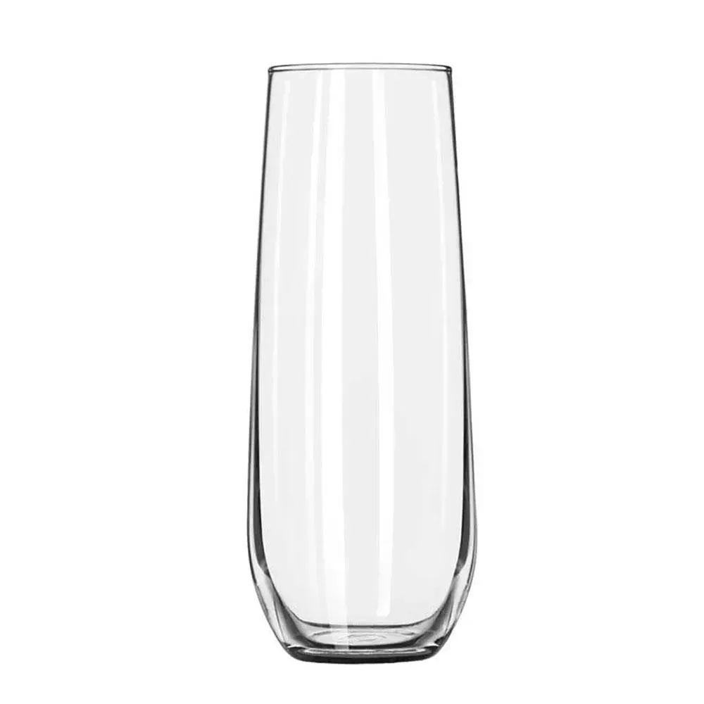 Stemless flute glass by Libbey with a curved form and compact size, ideal for sparkling wine, prosecco, or mimosas at brunches or weddings.