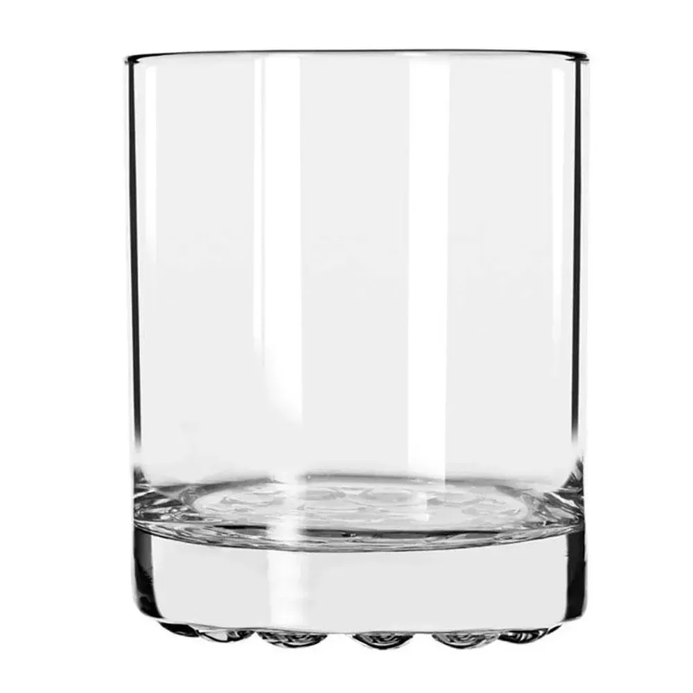 Nob Hill double rocks glass by Libbey with a ribbed texture and strong base, ideal for whiskey, cocktails, or branding in restaurant bars.