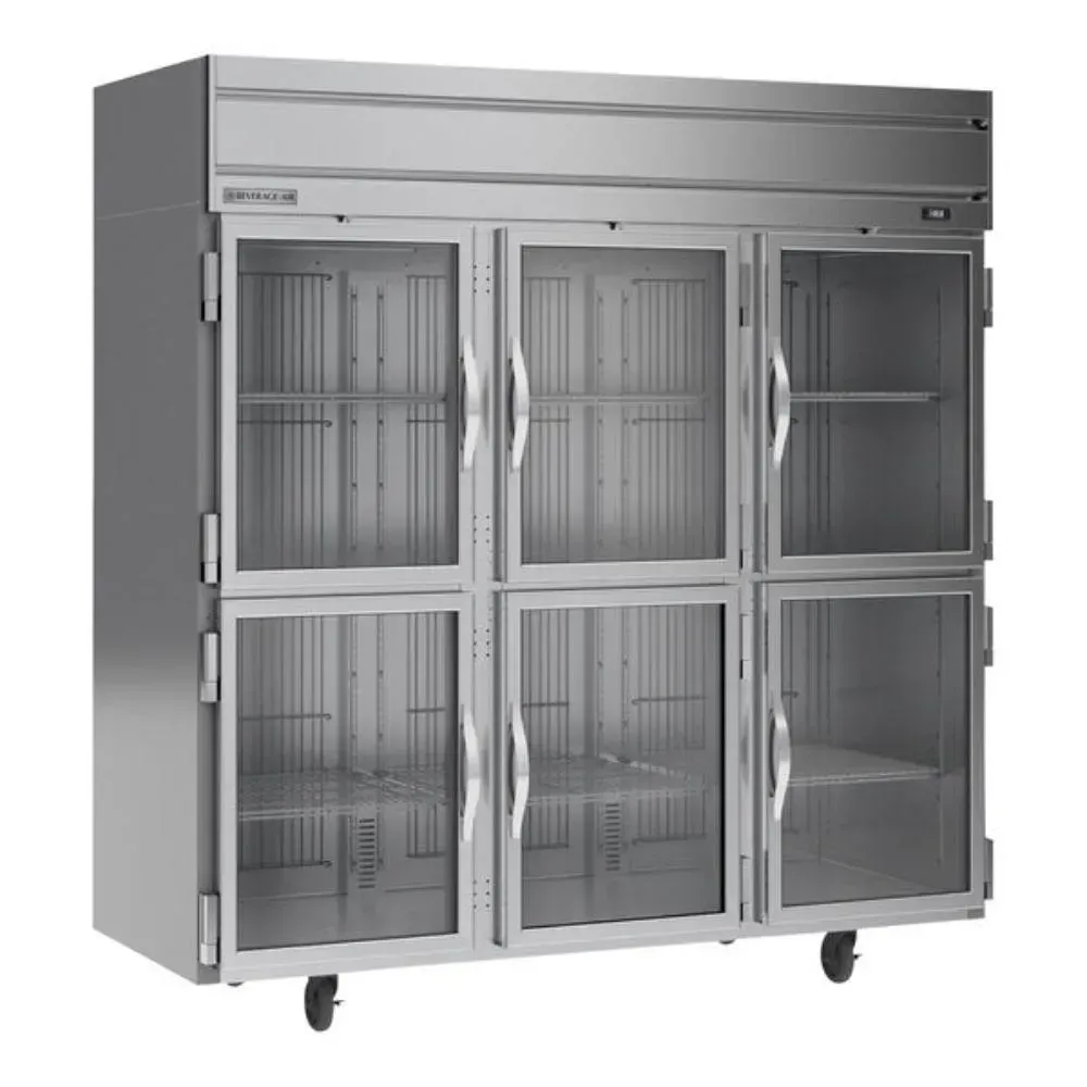 Beverage-Air triple-section glass half-door reach-in freezer with top-mounted compressor, LED lighting, and stainless steel finish for storage.