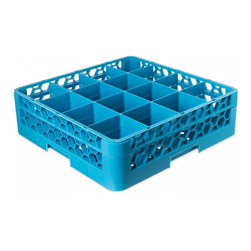 ChefPro Series 16 Compartments Glass Rack with 1 Extender, Plastic, 19.87 x 19.87 x 5.5 in, Blue