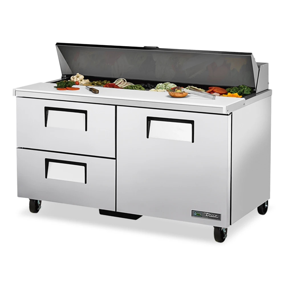 True prep table with right door and two drawers provides flexible refrigerated storage for commercial sandwich and salad preparation.
