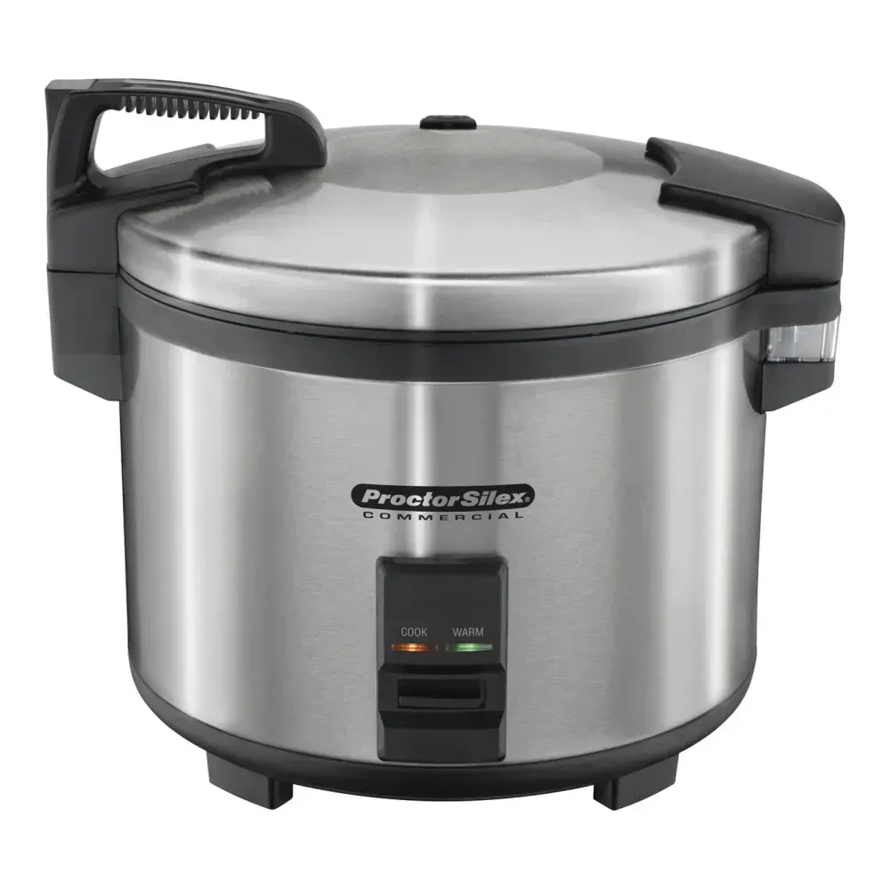 Electric Hamilton Beach rice cooker and warmer with a stainless steel body, designed for consistently cooking perfect rice in restaurants.